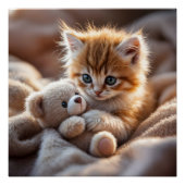 Fluffy red kitten playing with a tiny teddy bear,  ポスター (正面)