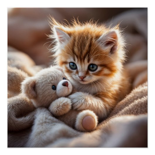 Fluffy red kitten playing with a tiny teddy bear, ポスター (正面)