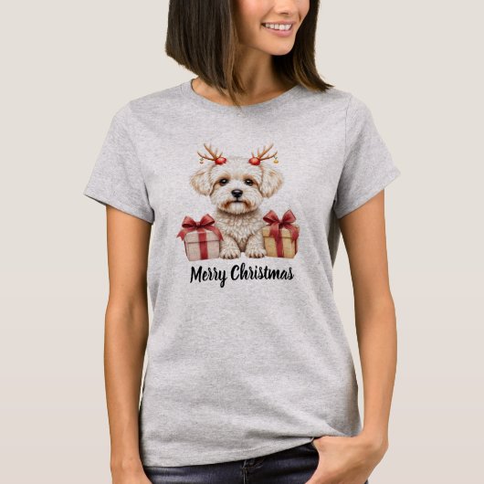 Fluffy Reindeer - Bichon Frise dog Tシャツ (正面)