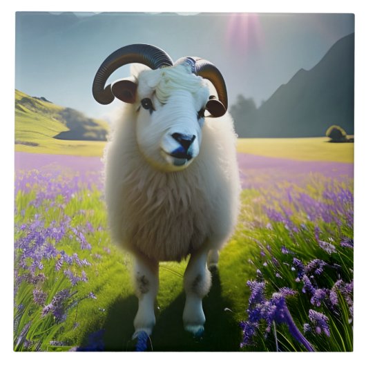 Fluffy Sheep field of purple flowers タイル (正面)