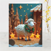 Fluffy Sheep with Wreath in Snowy Christmas Scene カード (黄色い花)