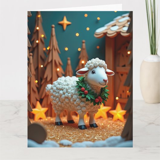 Fluffy Sheep with Wreath in Snowy Christmas Scene カード (正面)