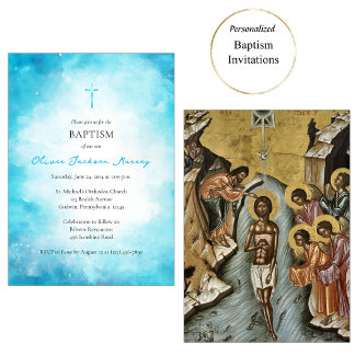 Fluffy Soft Cerulean Clouds Orthodox Baptism 招待状