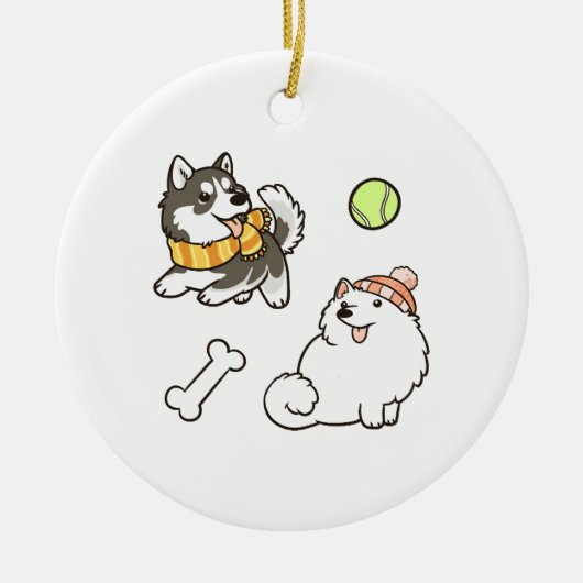 Fluffy Spitz Dogs セラミックオーナメント (正面)