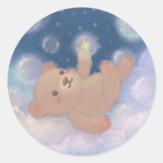 Fluffy Teddy Bear Floating on Clouds ラウンドシール (正面)