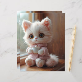 Fluffy White and Light Pink Cat Scrapbook Paper
