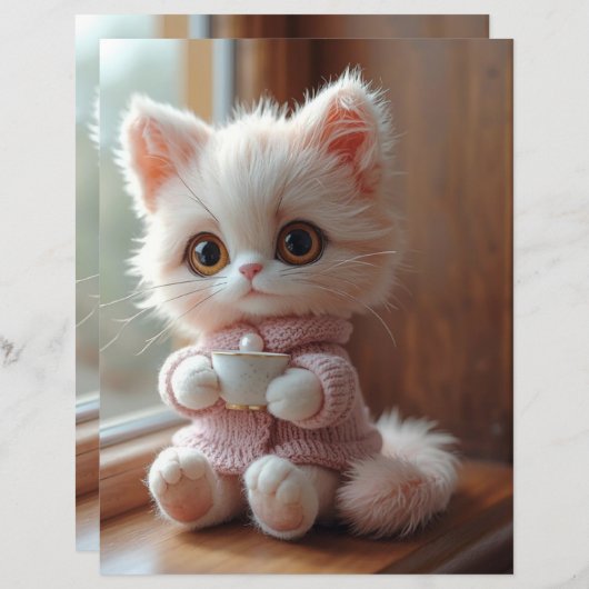 Fluffy White and Light Pink Cat Scrapbook Paper (正面/裏面)
