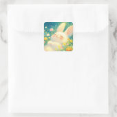 Fluffy White Bunny Sleeping in Colorful Wildflower スクエアシール (バッグ)