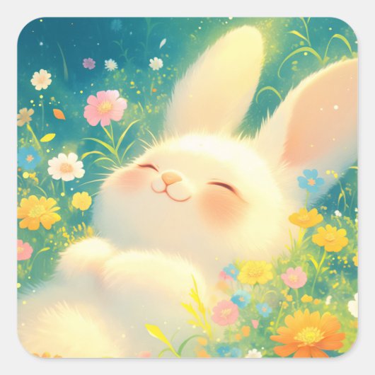Fluffy White Bunny Sleeping in Colorful Wildflower スクエアシール (正面)