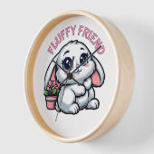 Fluffy White Bunny with Plant Pot 壁時計 (傾斜)