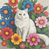 Fluffy White Cat and Folk Art Flowers シール (正面)