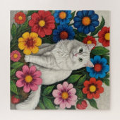 Fluffy White Cat and Folk Art Flowers ジグソーパズル (横)