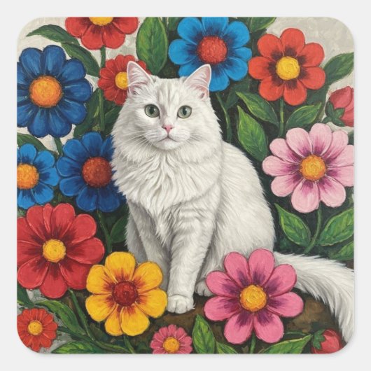 Fluffy White Cat and Folk Art Flowers スクエアシール (正面)