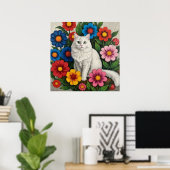 Fluffy White Cat and Folk Art Flowers ポスター (ホームオフィス)