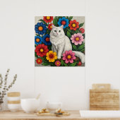 Fluffy White Cat and Folk Art Flowers ポスター (キッチン)
