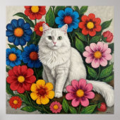Fluffy White Cat and Folk Art Flowers ポスター (正面)