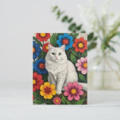 Fluffy White Cat and Folk Art Flowers ポストカード (スタンド正面)