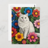 Fluffy White Cat and Folk Art Flowers ポストカード (正面/裏面)
