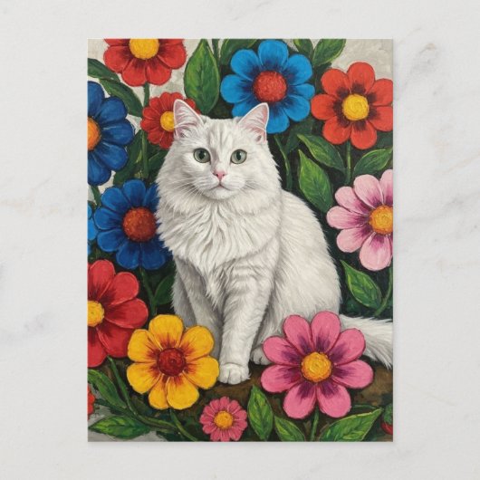 Fluffy White Cat and Folk Art Flowers ポストカード (正面)