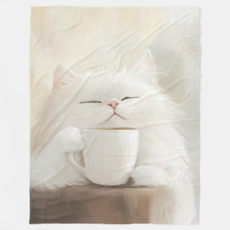 Fluffy White Cat Drinking Coffee – Cozy Whimsical フリースブランケット
