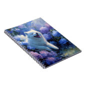 Fluffy White Dog Among Blue Hydrangeas Notebook ノートブック (右側)