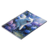 Fluffy White Dog Among Blue Hydrangeas Notebook ノートブック (左側)