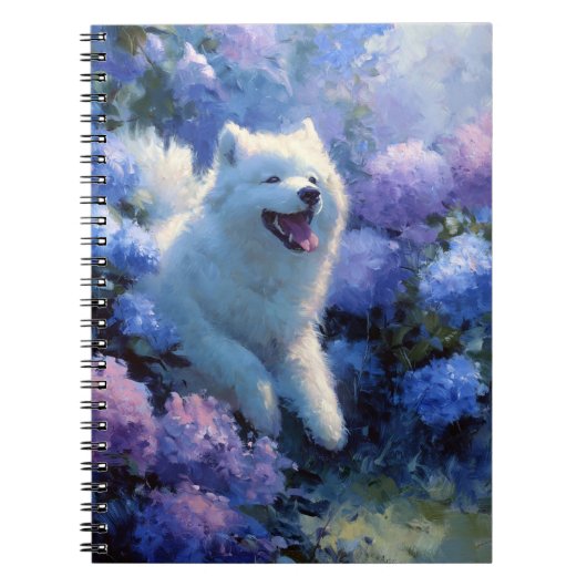Fluffy White Dog Among Blue Hydrangeas Notebook ノートブック (正面)