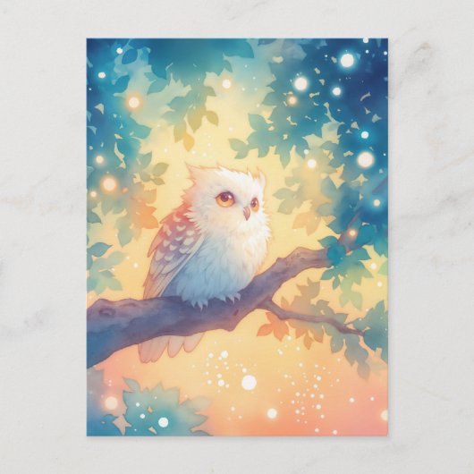 Fluffy White Owl in Magical Forest ポストカード (正面)