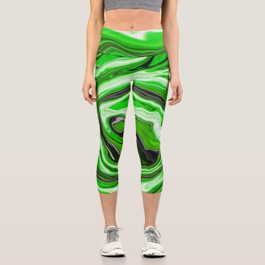 Fluid Artのような緑と黒ストライプのの大理石 カプリレギンス (正面)