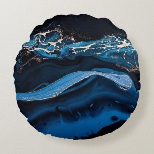 Fluid Art.液体金属金ゴールド(抽象芸術青w) ラウンドクッション