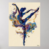 Fluid Ink Ballerina – Blue and Gold Abstract Dance ポスター (正面)
