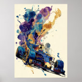 Fluid Ink Formula Car – Blue and Gold Abstract ポスター (正面)