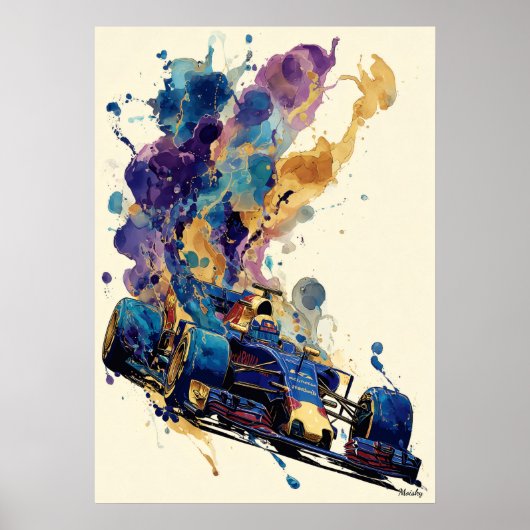 Fluid Ink Formula Car – Blue and Gold Abstract ポスター (正面)