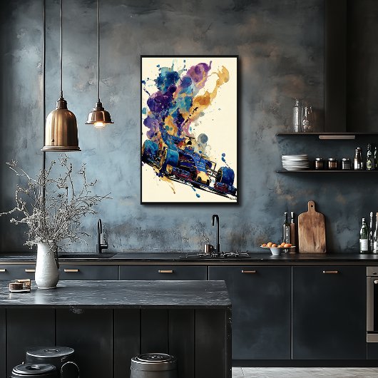 Fluid Ink Formula Car – Blue and Gold Abstract ポスター