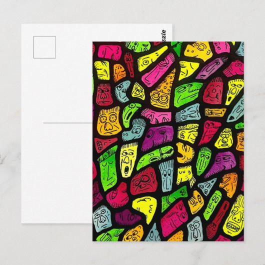 Fluorescent Cartoon Weird Faces Drawing ポストカード (正面/裏面)