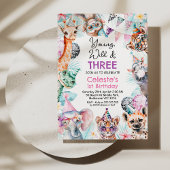 Fluorescent Pink Young Wild Three Safari Birthday  招待状