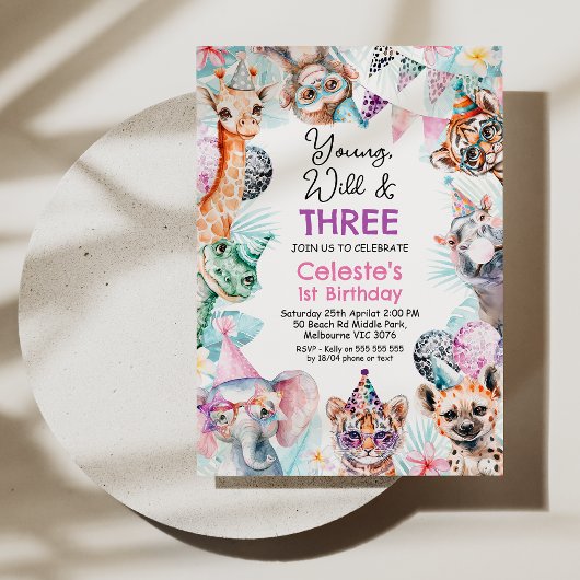 Fluorescent Pink Young Wild Three Safari Birthday 招待状