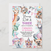 Fluorescent Pink Young Wild Three Safari Birthday  招待状 (正面)