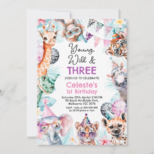 Fluorescent Pink Young Wild Three Safari Birthday  招待状 (正面)