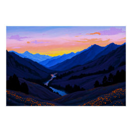 Fluss bei Berghügel am Sonnenuntergangs Abend ポスター