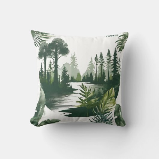 Flusslandschaft mit grünen Bäumen Farnen Aquarell クッション (正面)