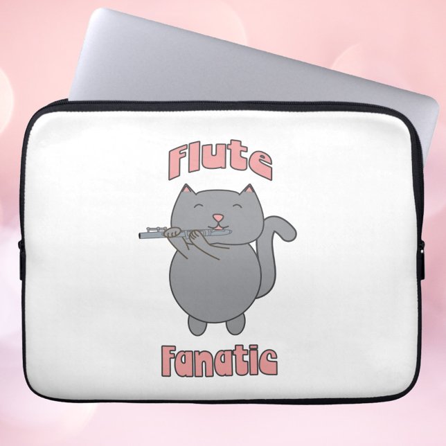 Flute Fanatic Gray Cat Pink ラップトップスリーブ (A laptop sleeve with a cute flute playing gray cat and the words flute fanatic in pink.)