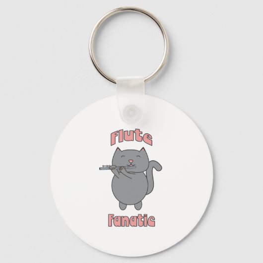 Flute Playing Gray Cat Funny Musician キーホルダー (正面)