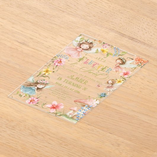 Flutter and Twirl Fairy Any Age Princess Birthday アクリル招待状 (レイダウン)