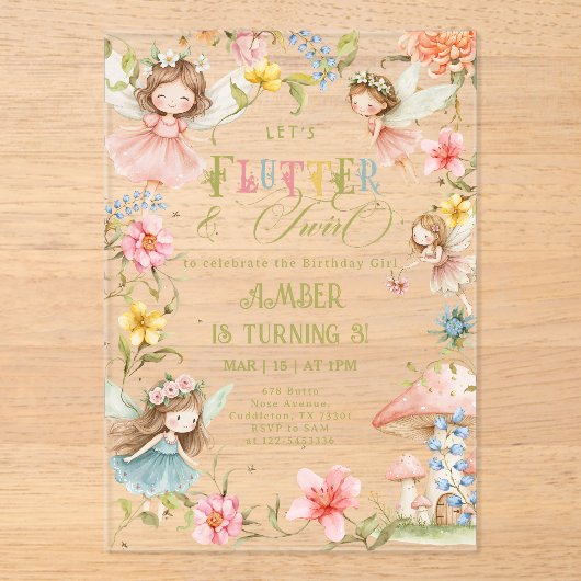 Flutter and Twirl Fairy Any Age Princess Birthday アクリル招待状 (正面)