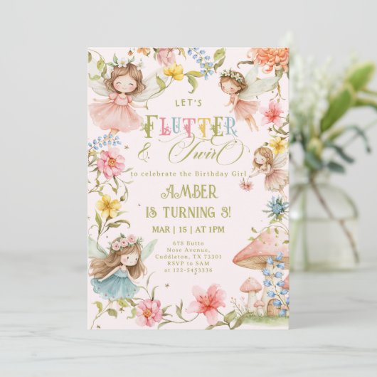 Flutter and Twirl Fairy Any Age Princess Birthday 招待状 (スタンド正面)