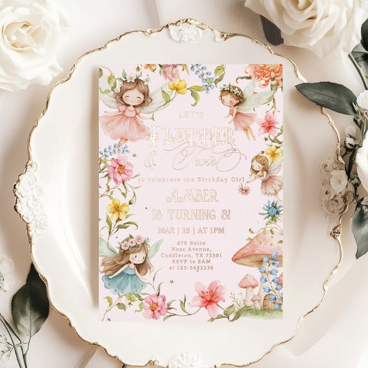 Flutter and Twirl Fairy Any Age Princess Birthday 箔招待状