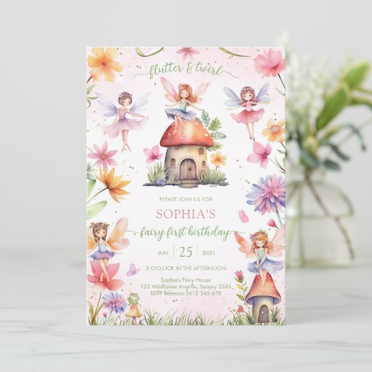 Flutter and Twirl Fairy First 1st Birthday 招待状 (スタンド正面)