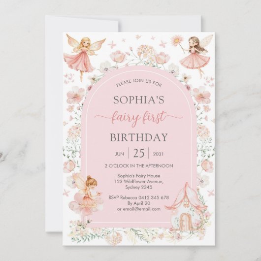 Flutter and Twirl Fairy First 1st Birthday 招待状 (正面)