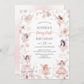 Flutter and Twirl Fairy First 1st Birthday 招待状 (正面/裏面)